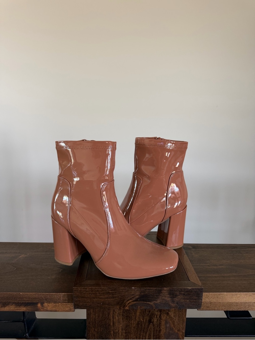 Patent Block Heel Ankle Boots in Dusty Rose